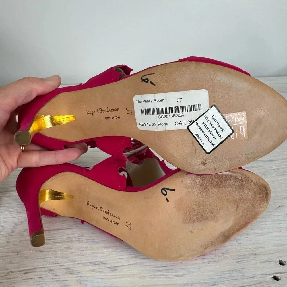 Rupert Sanderson Floria Pink Fuchsia Suede Cutout Peep Toe Heeled Sandals - Picture 15 of 16